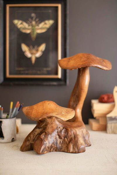 Teak Double Mushroom Sculpture
